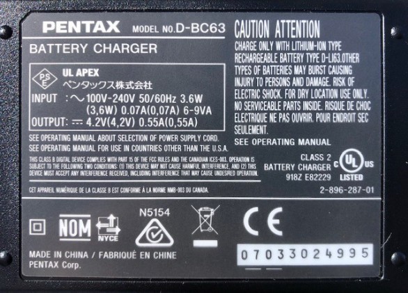 Pentax Battery Charger D-BC63